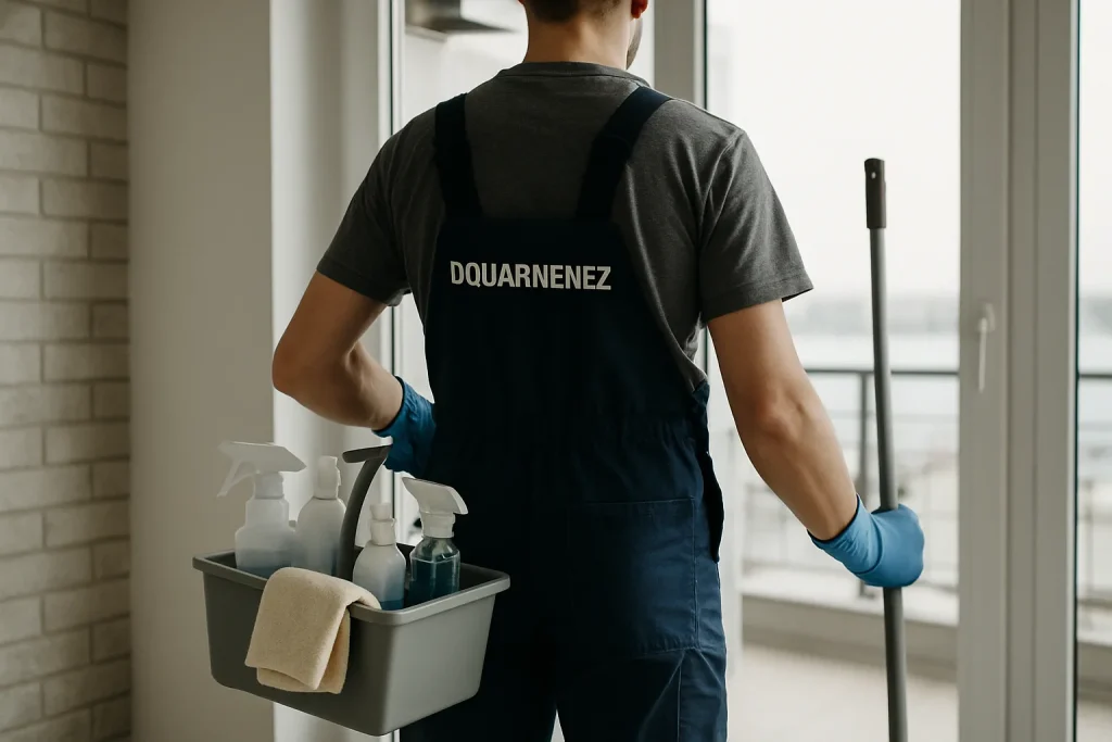 Un professionnel du nettoyage utilisant des équipements modernes dans un bureau à Douarnenez.