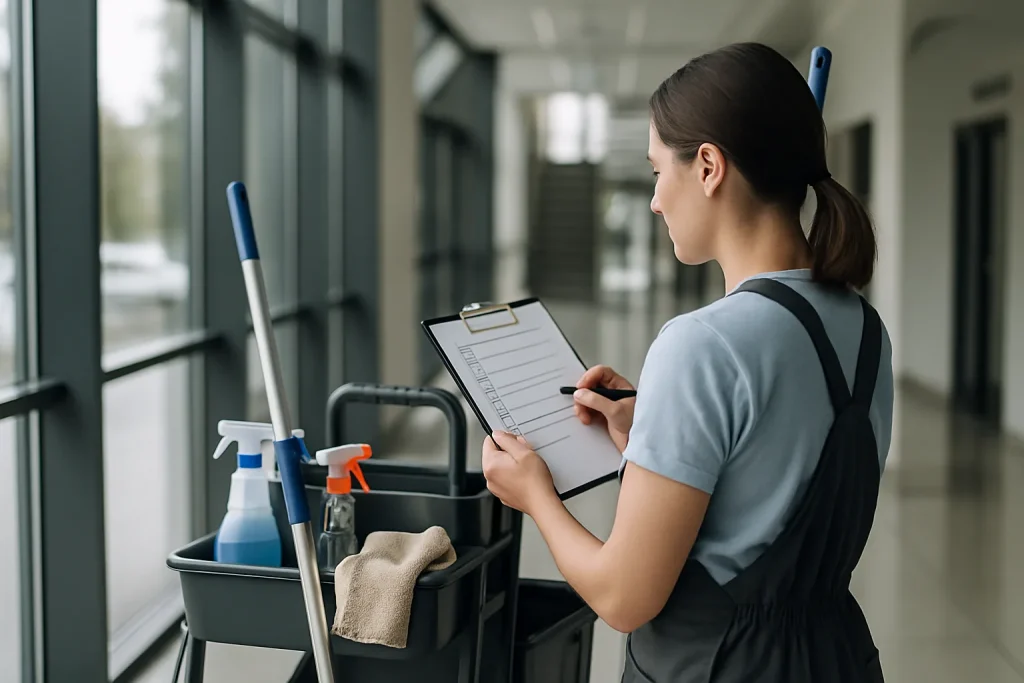 Femme en uniforme de nettoyage aspirant dans un bureau à Saint-Martin-des-Champs.