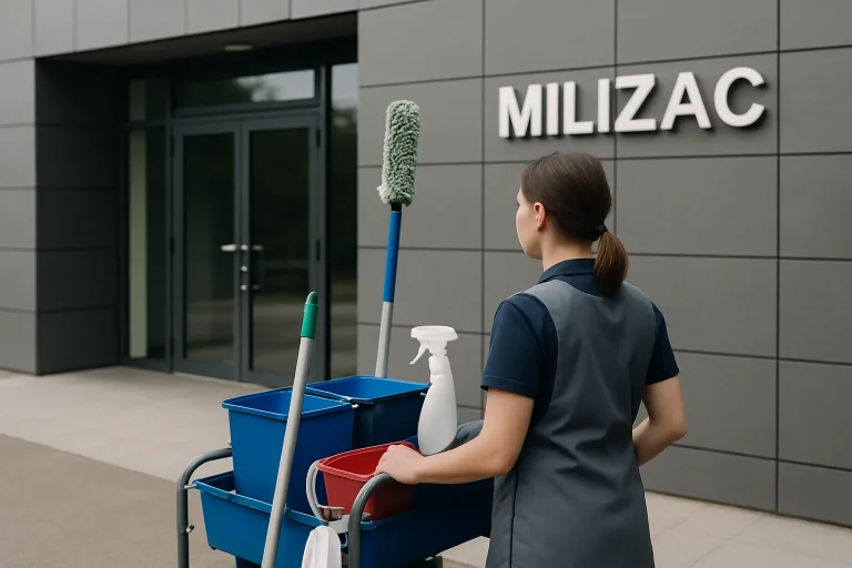 Un professionnel du nettoyage dans un bureau à Milizac, utilisant des produits écologiques.