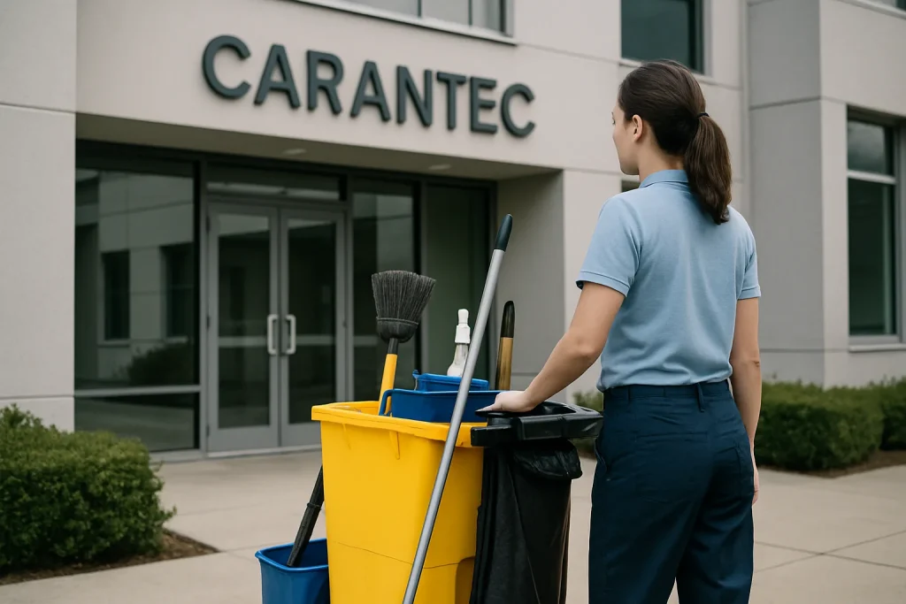 Un professionnel en nettoyage de bureaux à Carantec, utilisant des outils modernes.