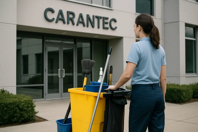 Un professionnel en nettoyage de bureaux à Carantec, utilisant des outils modernes.