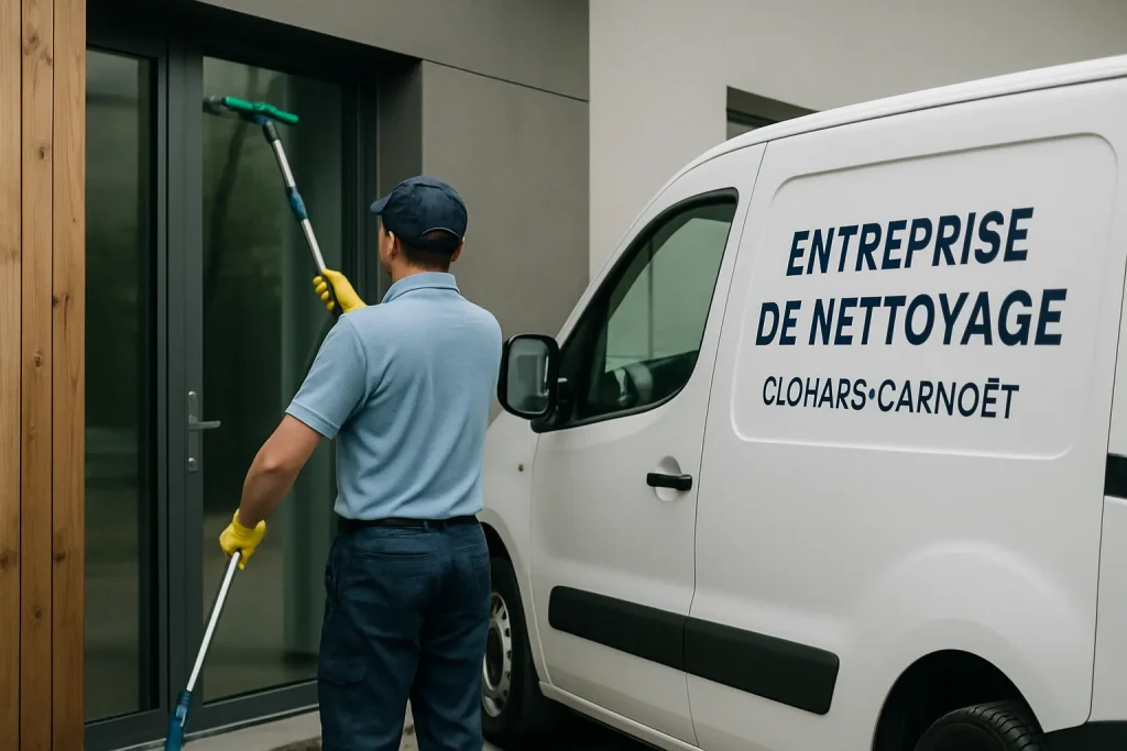 Un professionnel du nettoyage désinfectant un bureau à Clohars-Carnoët.