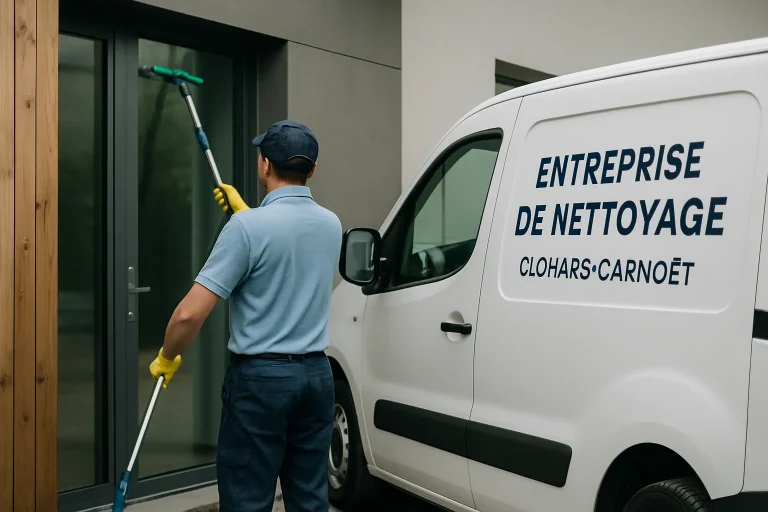 Un professionnel du nettoyage désinfectant un bureau à Clohars-Carnoët.