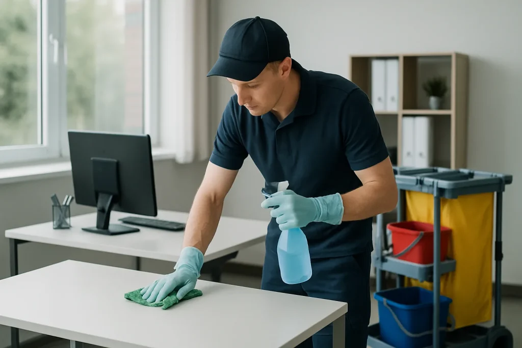Équipe professionnelle de nettoyage dans un logement à FOUESNANT, utilisant des produits spécialisés.