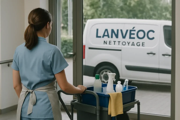 Équipe de nettoyage à Lanvéoc en train de nettoyer un bureau avec des produits et outils professionnels.