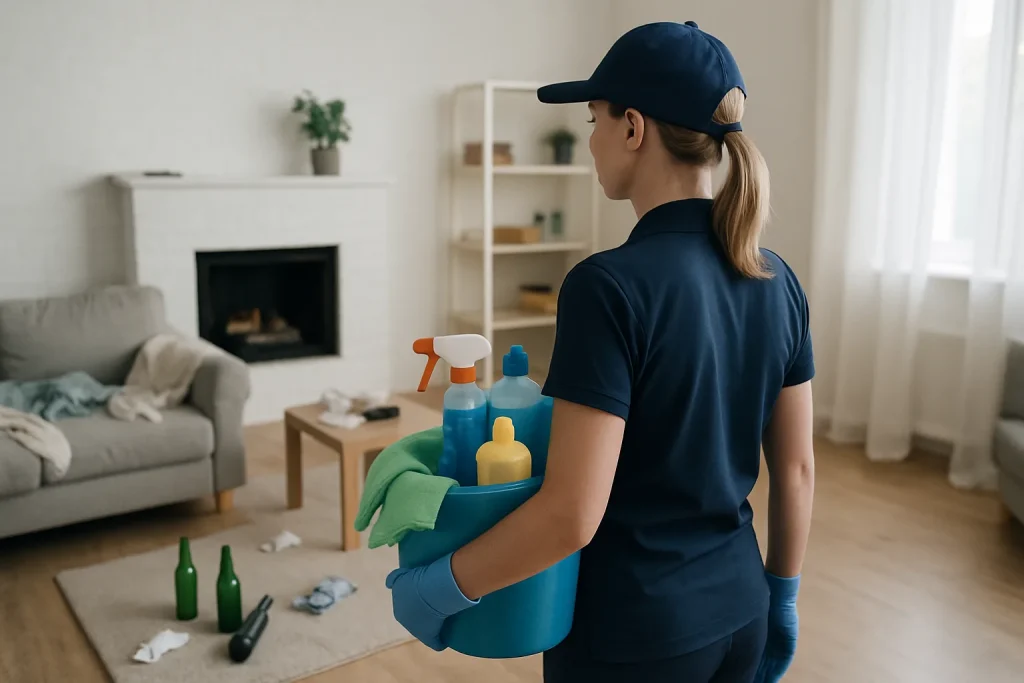 Professionnel du nettoyage à Plomelin s'occupant d'un appartement avec des produits de nettoyage.