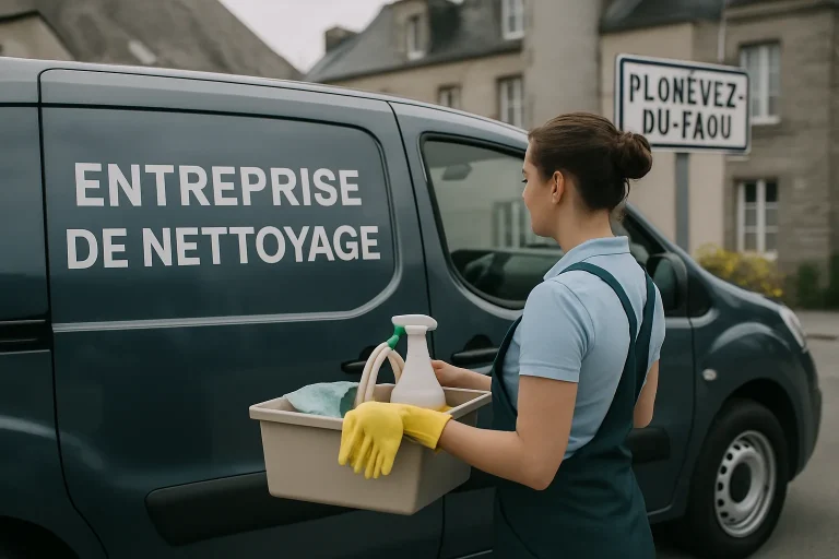Équipe de nettoyage à Plonevez-du-Faou utilisant des équipements professionnels.