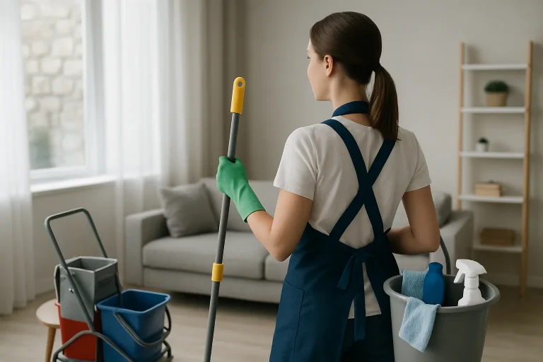 Équipe de nettoyage à PLOUGASNOU en train de nettoyer un appartement avec des produits écologiques.