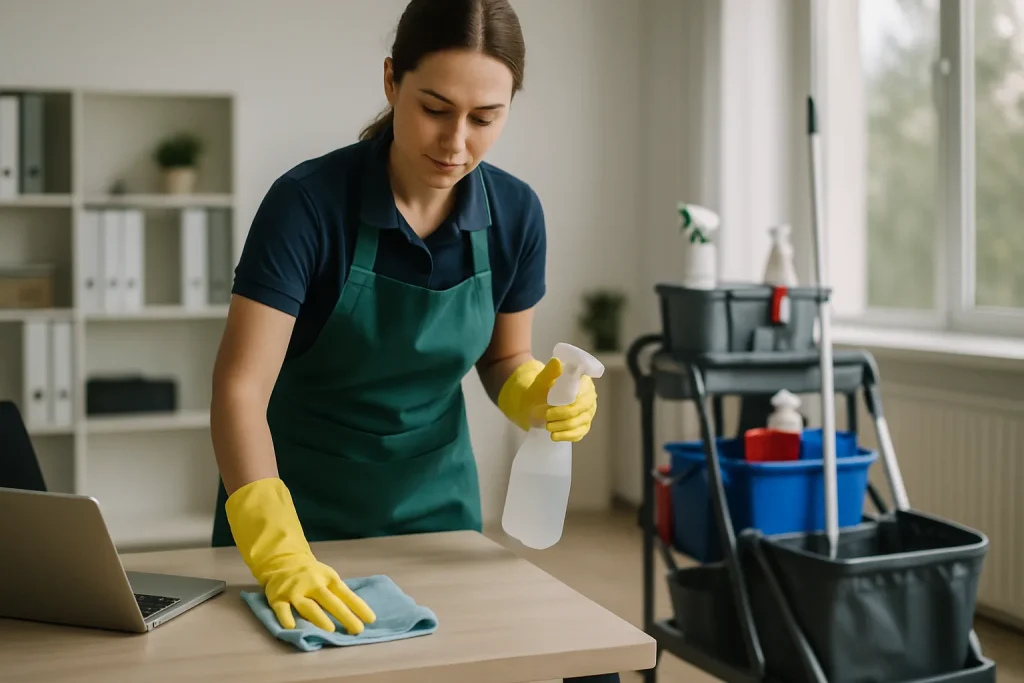 Professionnel du nettoyage à TREFFIAGAT utilisant un équipement moderne dans un appartement.