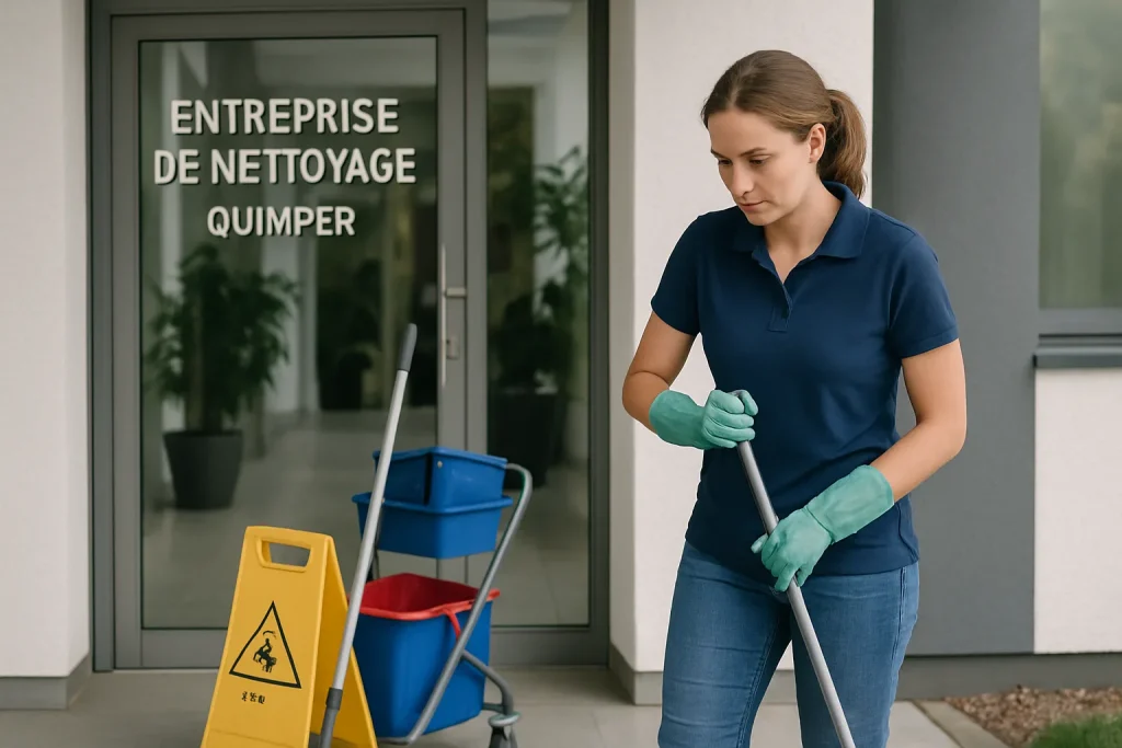 Un expert en nettoyage dans un appartement à Quimper utilisant des produits écologiques.