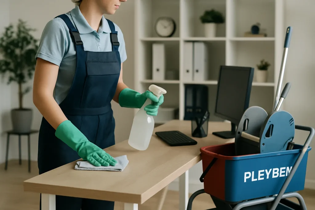 Un professionnel du nettoyage en action dans un bureau à PLEYBEN, utilisant des produits de désinfection.
