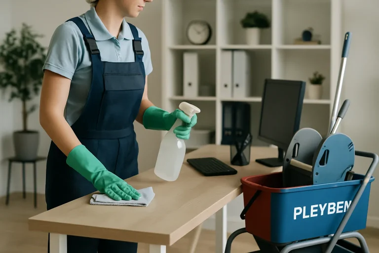 Un professionnel du nettoyage en action dans un bureau à PLEYBEN, utilisant des produits de désinfection.