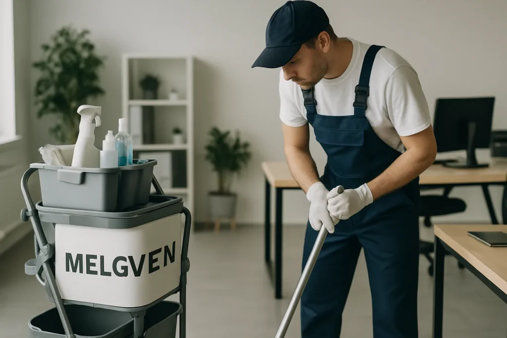 Équipe de nettoyage dans un appartement à Melgven avec produits écologiques.
