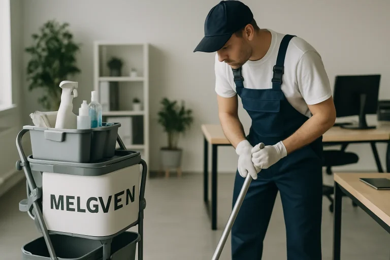 Équipe de nettoyage dans un appartement à Melgven avec produits écologiques.