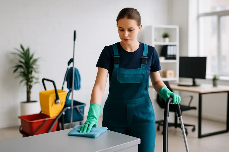 Professionnels du nettoyage à Quimperlé nettoyant un appartement avec des produits écologiques.