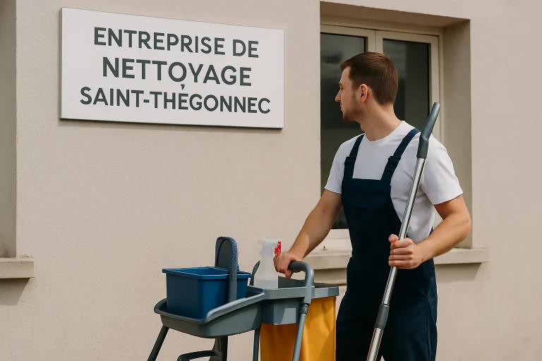 Agent de nettoyage désinfectant un bureau à Saint-Thégonnec avec des produits écologiques.