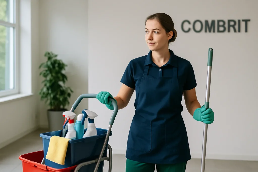 Vue de Combrit avec des bâtiments traditionnels et jardins, idéale pour les services de nettoyage.