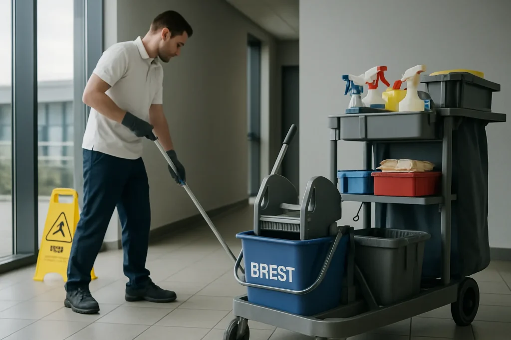 Un technicien de nettoyage à Brest effectuant des travaux de nettoyage dans un appartement.