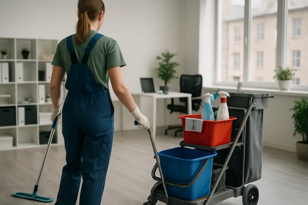 Professionnel du nettoyage nettoyant un appartement à Morlaix avec des produits écologiques.