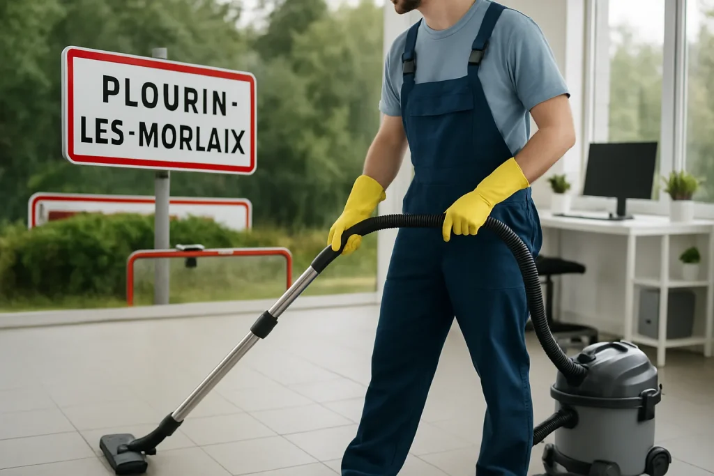 Un professionnel du nettoyage dans un appartement à Plourin-Les-Morlaix, entouré de produits de nettoyage.