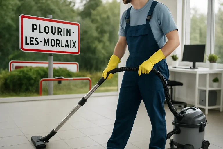 Un professionnel du nettoyage dans un appartement à Plourin-Les-Morlaix, entouré de produits de nettoyage.