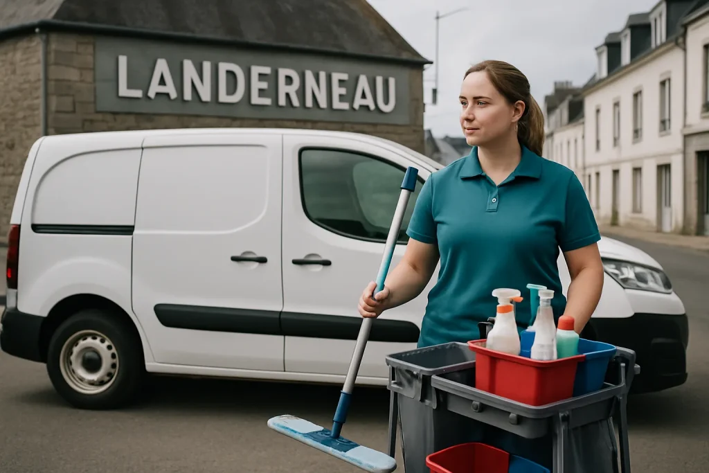Un spécialiste du nettoyage à Landerneau nettoyant un appartement avec des produits écologiques.