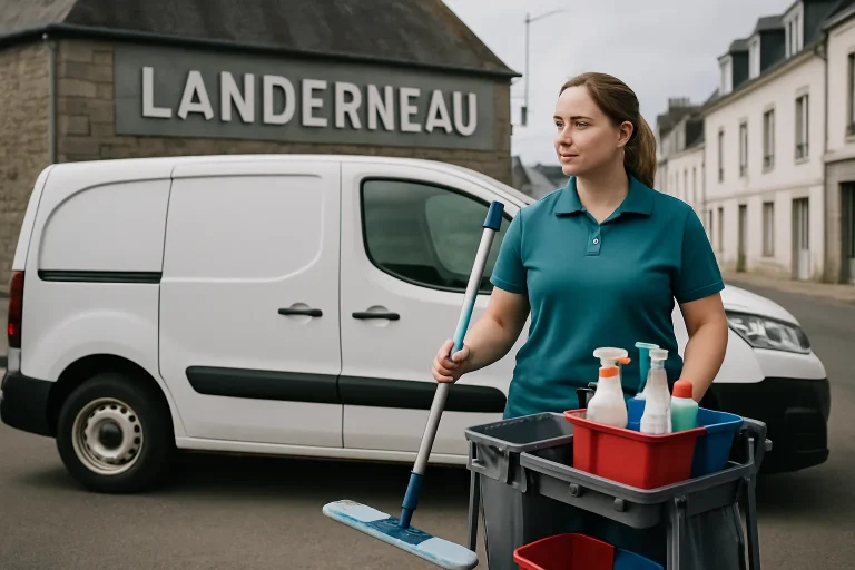 Un spécialiste du nettoyage à Landerneau nettoyant un appartement avec des produits écologiques.