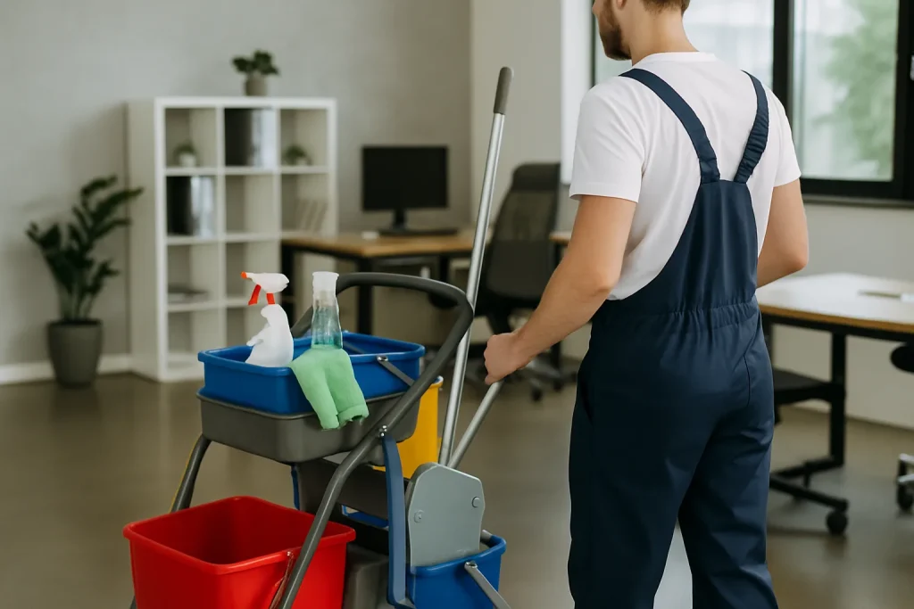 Un professionnel du nettoyage à SCAER s'occupe d'un appartement avec des équipements modernes.