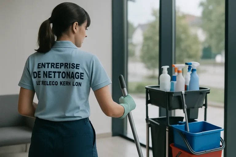 Un professionnel du nettoyage à Le Relecq-Kerhuon nettoyant un bureau moderne avec des produits écologiques.