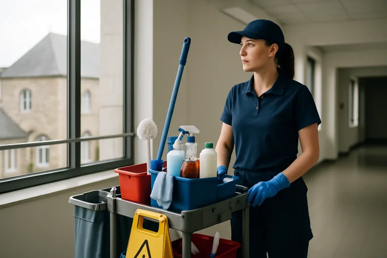 Équipe professionnelle nettoyant un appartement à Roscoff avec des outils modernes.