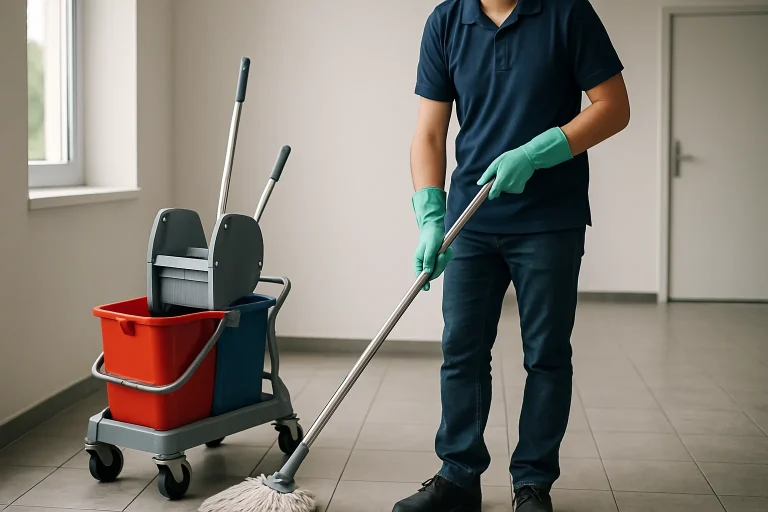 Un professionnel du nettoyage effectuant des travaux dans un bureau à Saint-Evarzec.