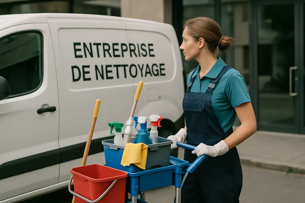 Équipe de nettoyage à Lannilis utilisant des produits de nettoyage dans un appartement.