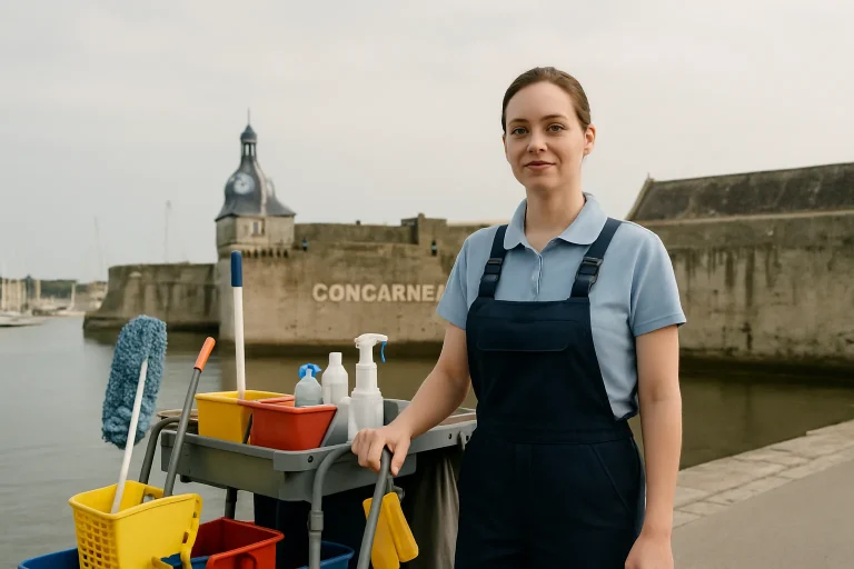 Un professionnel du nettoyage effectuant un service dans un appartement à Concarneau avec des produits écologiques.