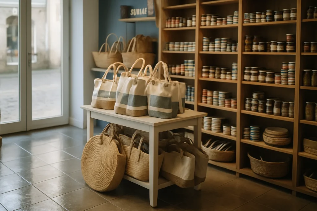 Intérieur d'une boutique à Douarnenez avec sols propres et reflets de lumière naturelle.