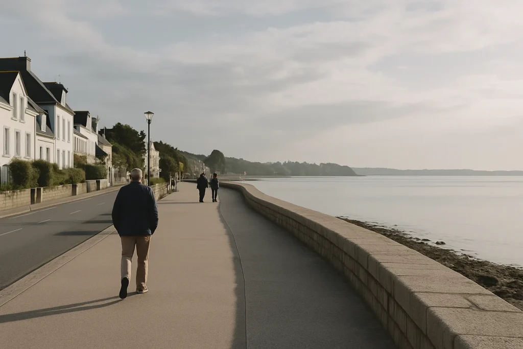 Promenade en bord de mer à Bénodet avec passants et mer calme en arrière-plan.