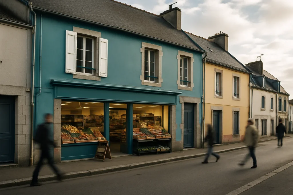 Vue extérieure d'un commerce alimentaire à Pont-l'Abbé avec façades colorées.