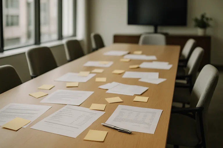 Salle de réunion avec des devis de nettoyage posés sur une table, lumière douce.