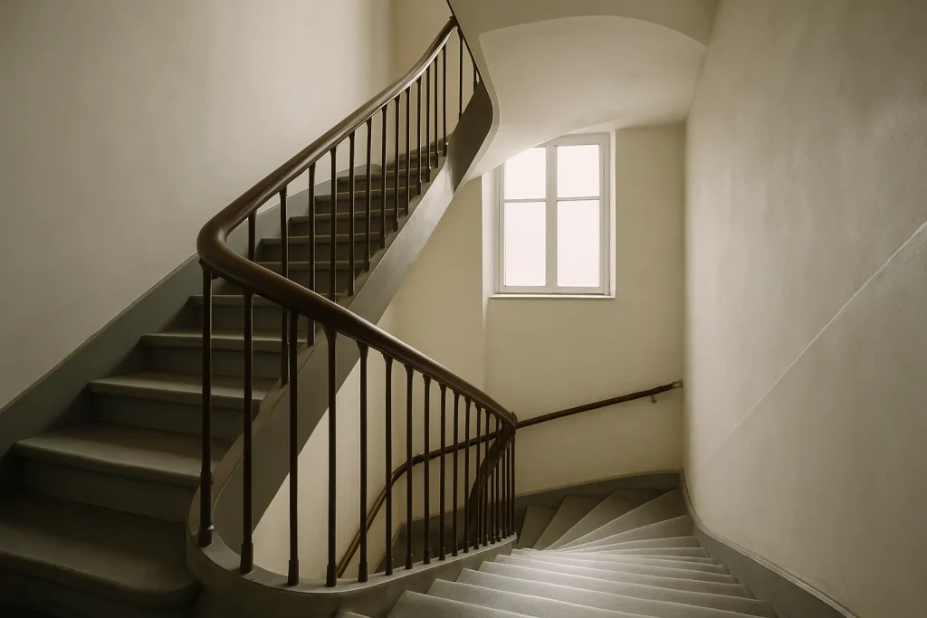 Cage d'escalier d'un immeuble à Morlaix vue en contre-plongée, lumière douce.