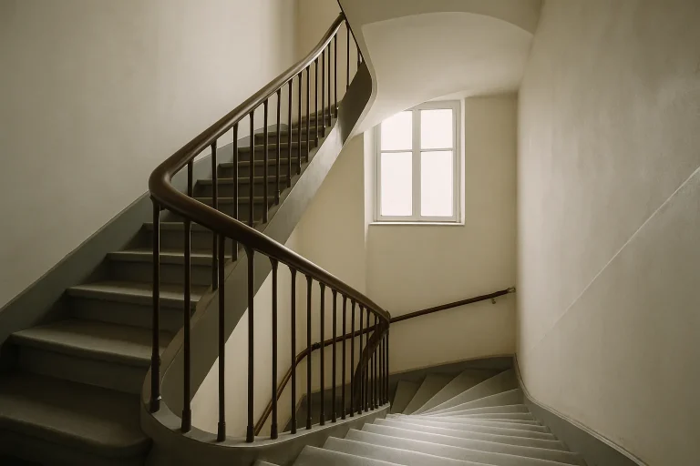 Cage d'escalier d'un immeuble à Morlaix vue en contre-plongée, lumière douce.
