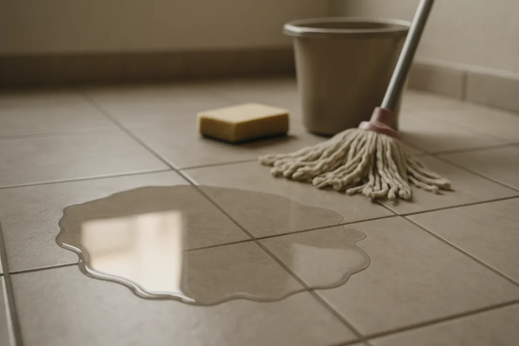Gros plan d'une flaque d'eau sur sol carrelé avec outils de nettoyage à côté.
