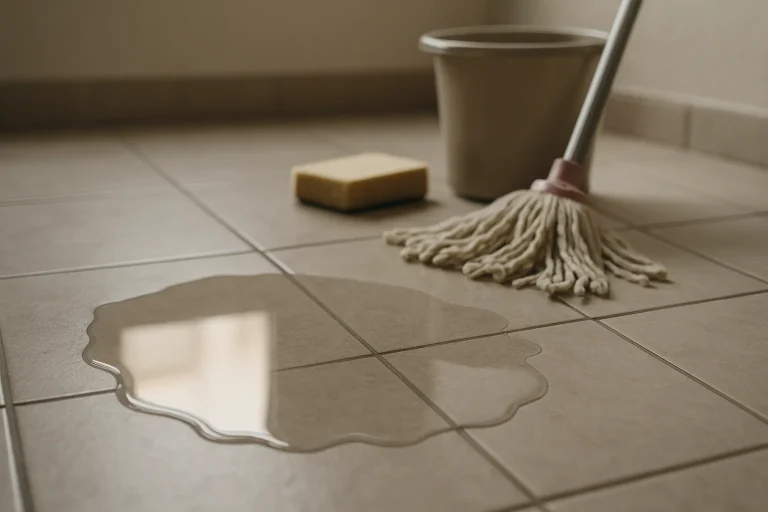 Gros plan d'une flaque d'eau sur sol carrelé avec outils de nettoyage à côté.