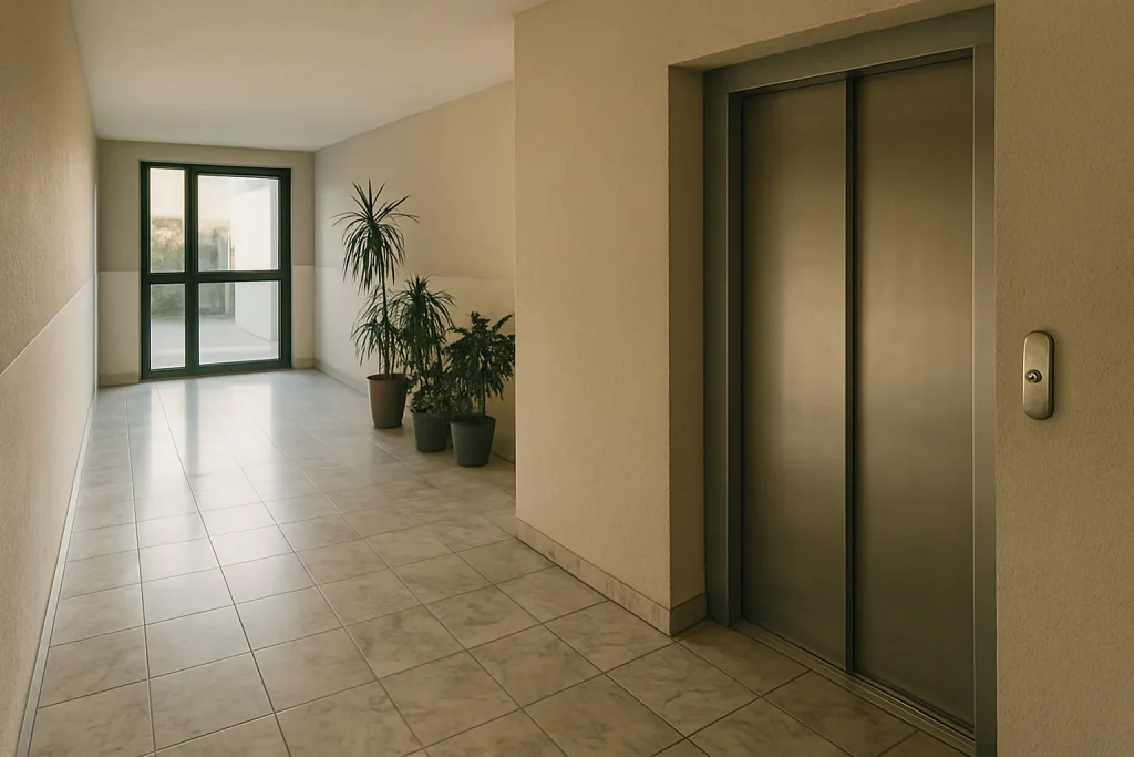 Hall d'entrée d'une copropriété avec sol en marbre et plantes décoratives, Landivisiau