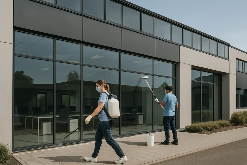 Employés en train de désinfecter un bâtiment de bureaux à Plougastel-Daoulas, lumière du jour
