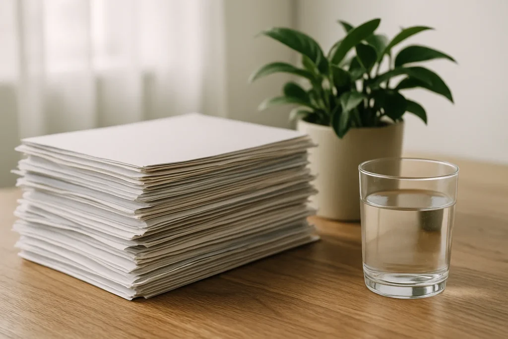 Gros plan d'un bureau avec documents, plante et verre d'eau éclairé par une lumière naturelle douce.