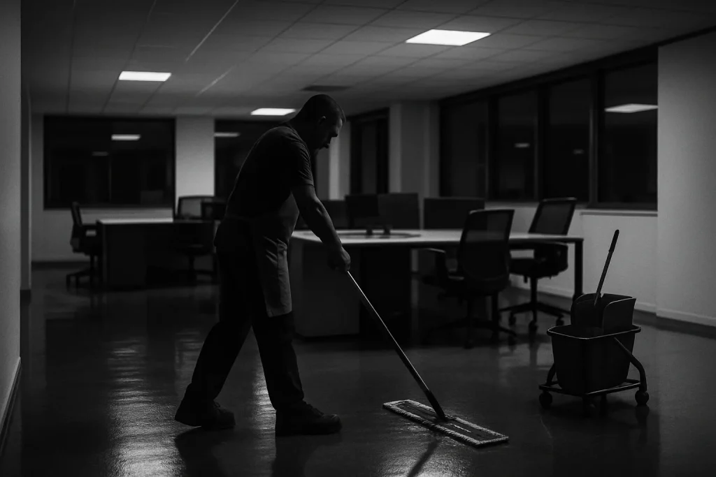 Agent de nettoyage seul dans un bureau vide à Guipavas, lumière tamisée.