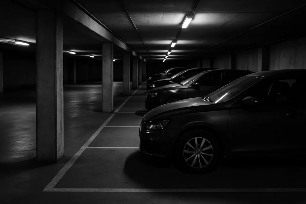 Parking souterrain de copropriété à Morlaix avec voitures garées, en noir et blanc.