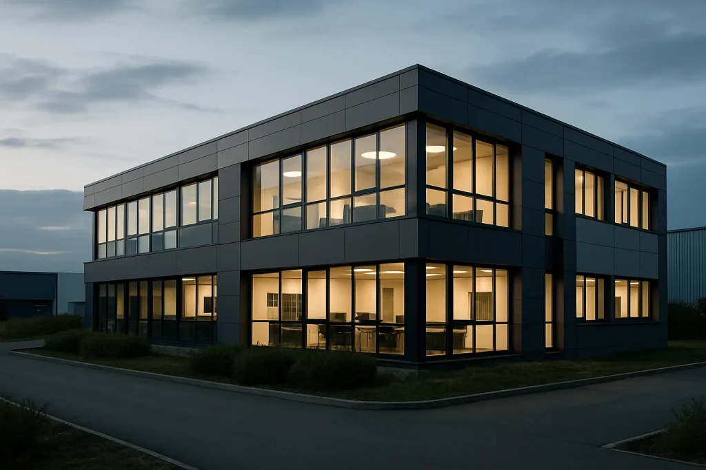 Bâtiment de bureaux moderne, lumière du soir, dans une zone d'activités du Finistère.