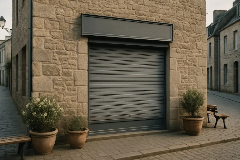 Façade d'un magasin en pierre à Roscoff, rue calme, lumière douce.