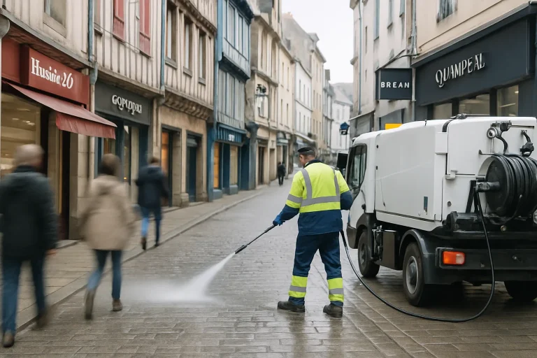 Scène de nettoyage d'une rue commerçante à Quimper par une société spécialisée.