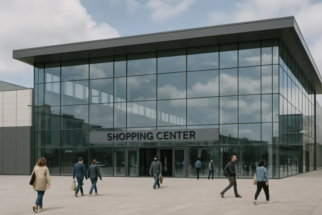 Centre commercial à Brest avec façade en verre, lumière du jour, clients en mouvement